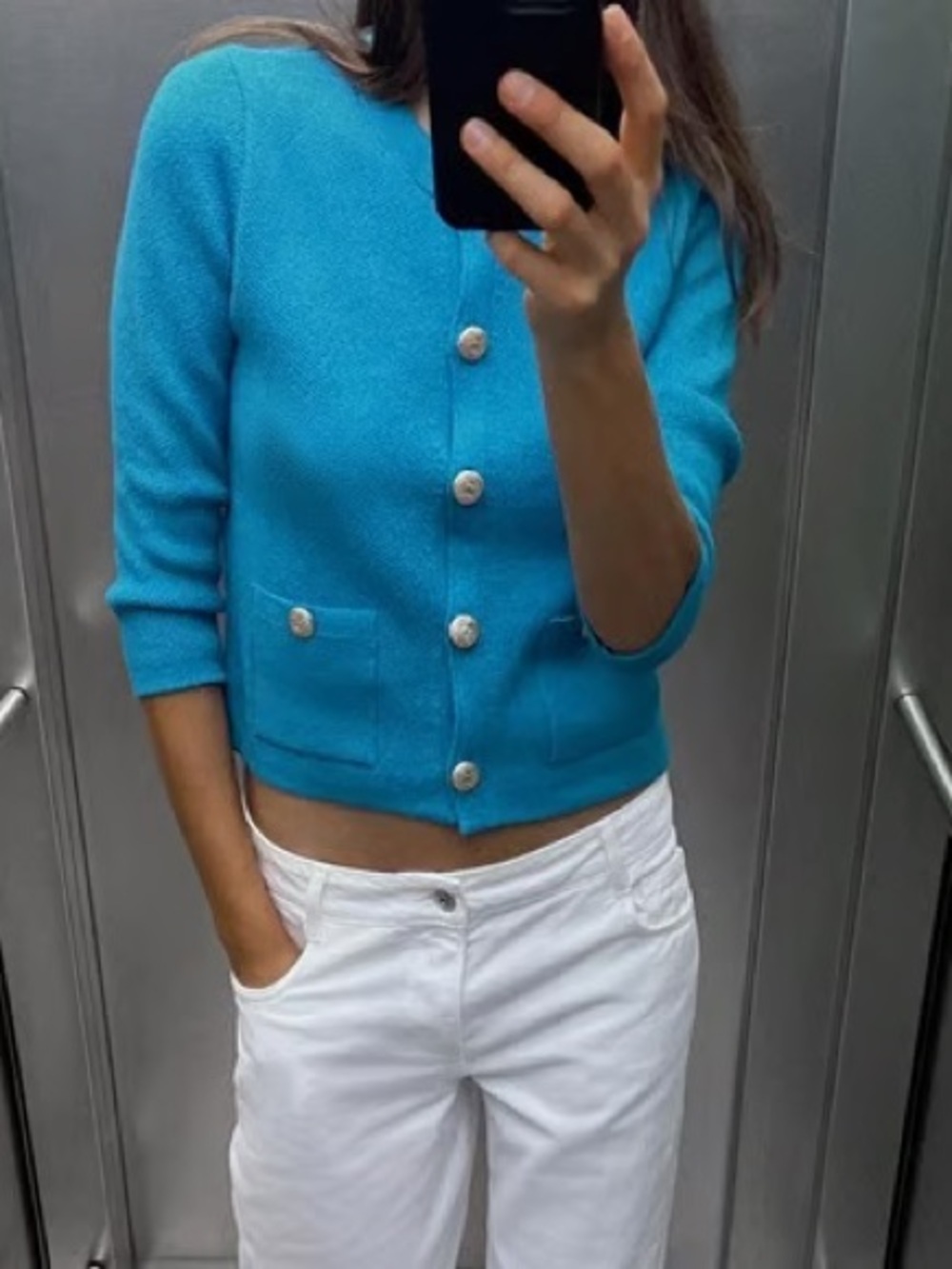 Zara Vibrant Blue Turquoise Cardigan with Gold Medallion Buttons